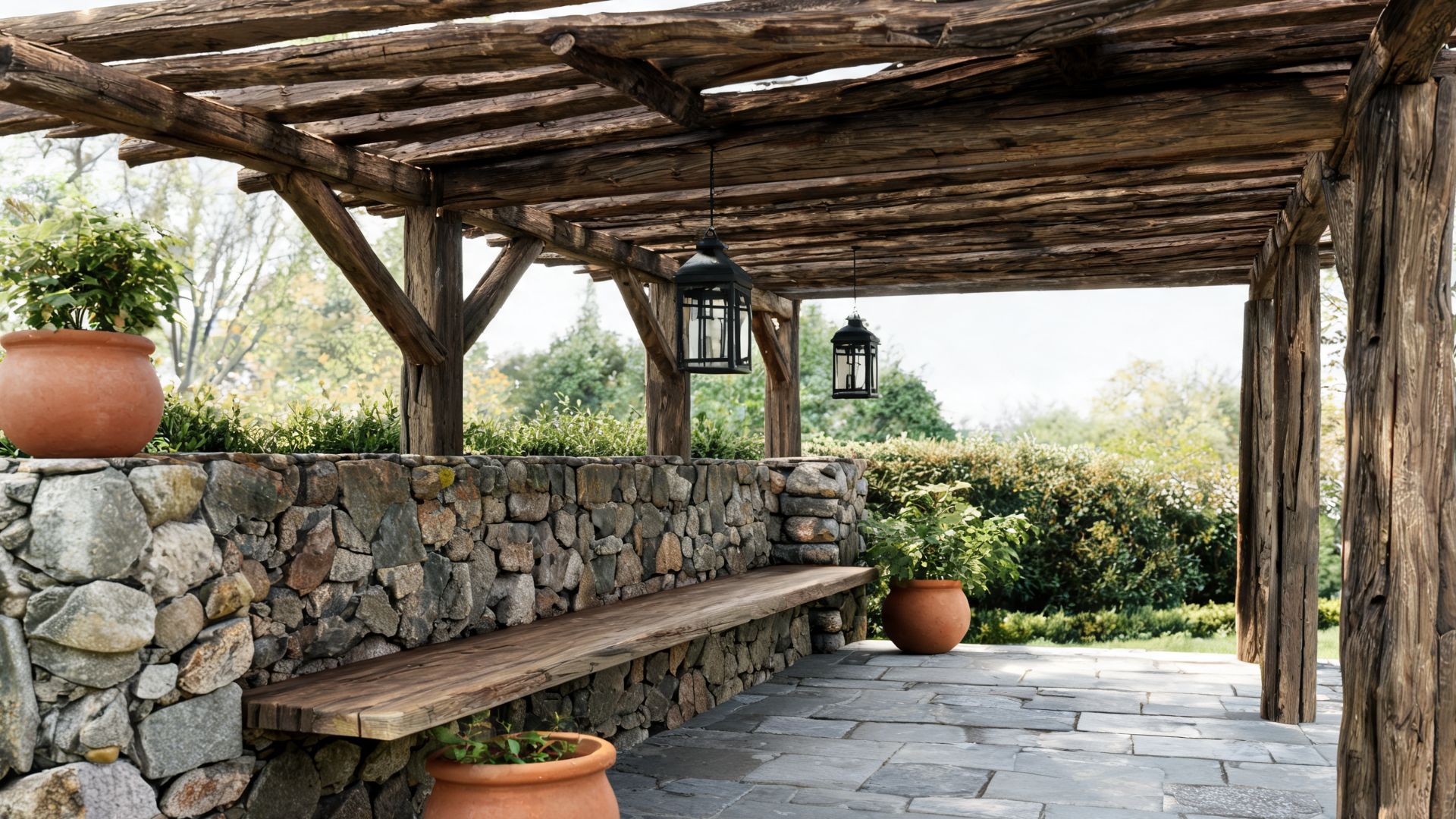 Lean-to cabana with low stone half wall, rough wood beams overhead, built-in bench, lanterns, and terracotta pots