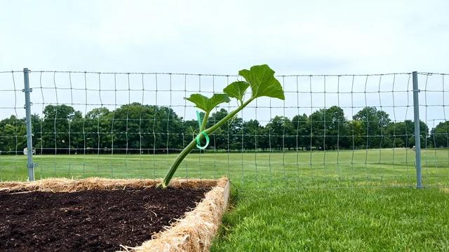 Young zucchini stem leaning toward a cattle panel and held with one loose loop of soft green garden tape