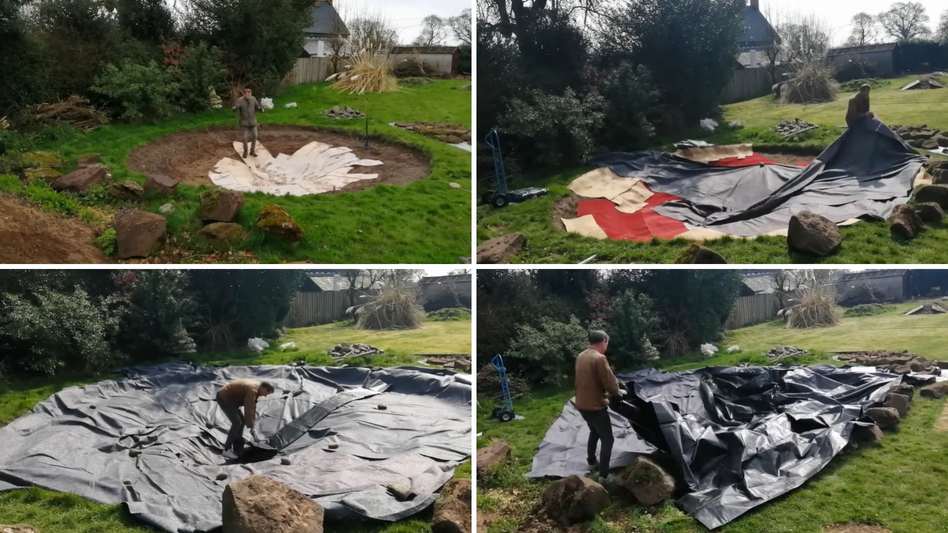 Four photos of a person laying carpet pieces, grey underlay and black liner into a round excavated pond hole on a lawn