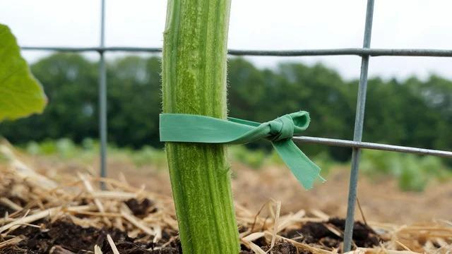 Close-up of a thick squash stem held to a wire panel by a loose loop of flat soft green garden tape