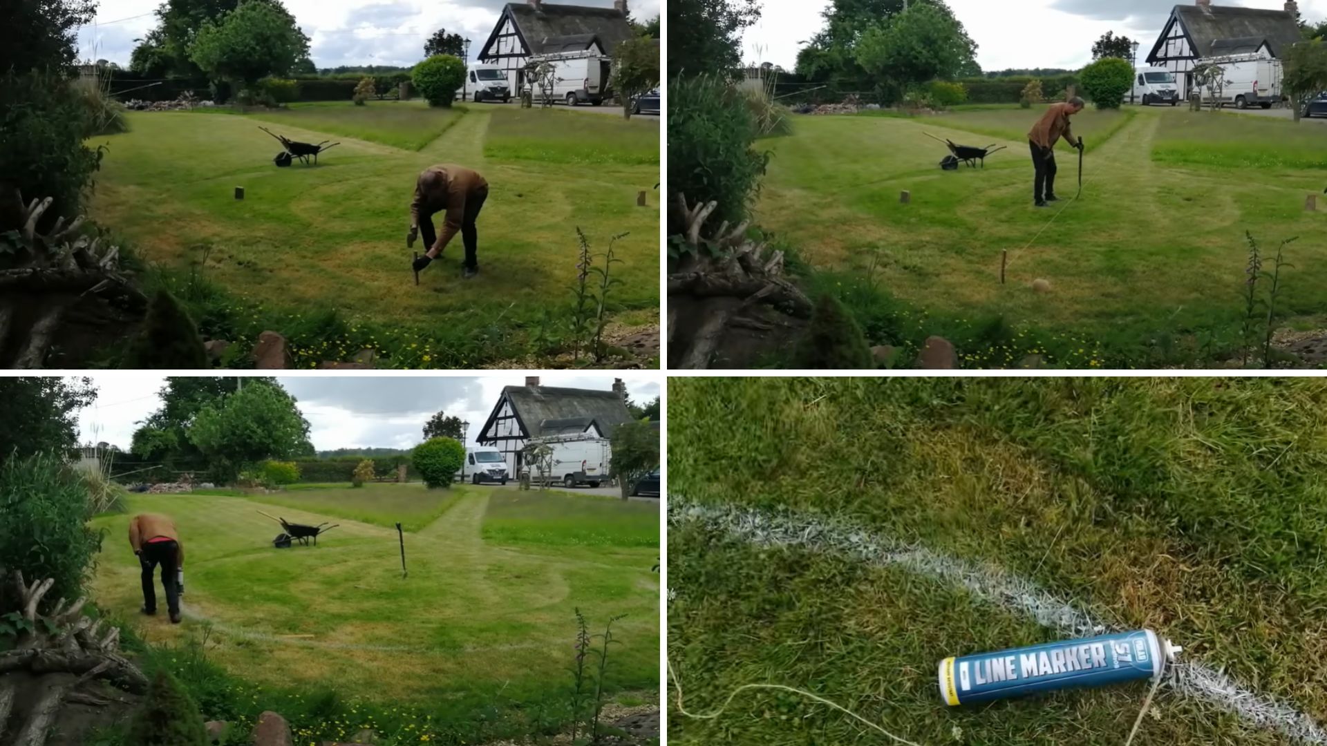 Four photos of a person hammering stakes and spraying a white outline on a lawn, with a wheelbarrow and a spray paint can on the grass