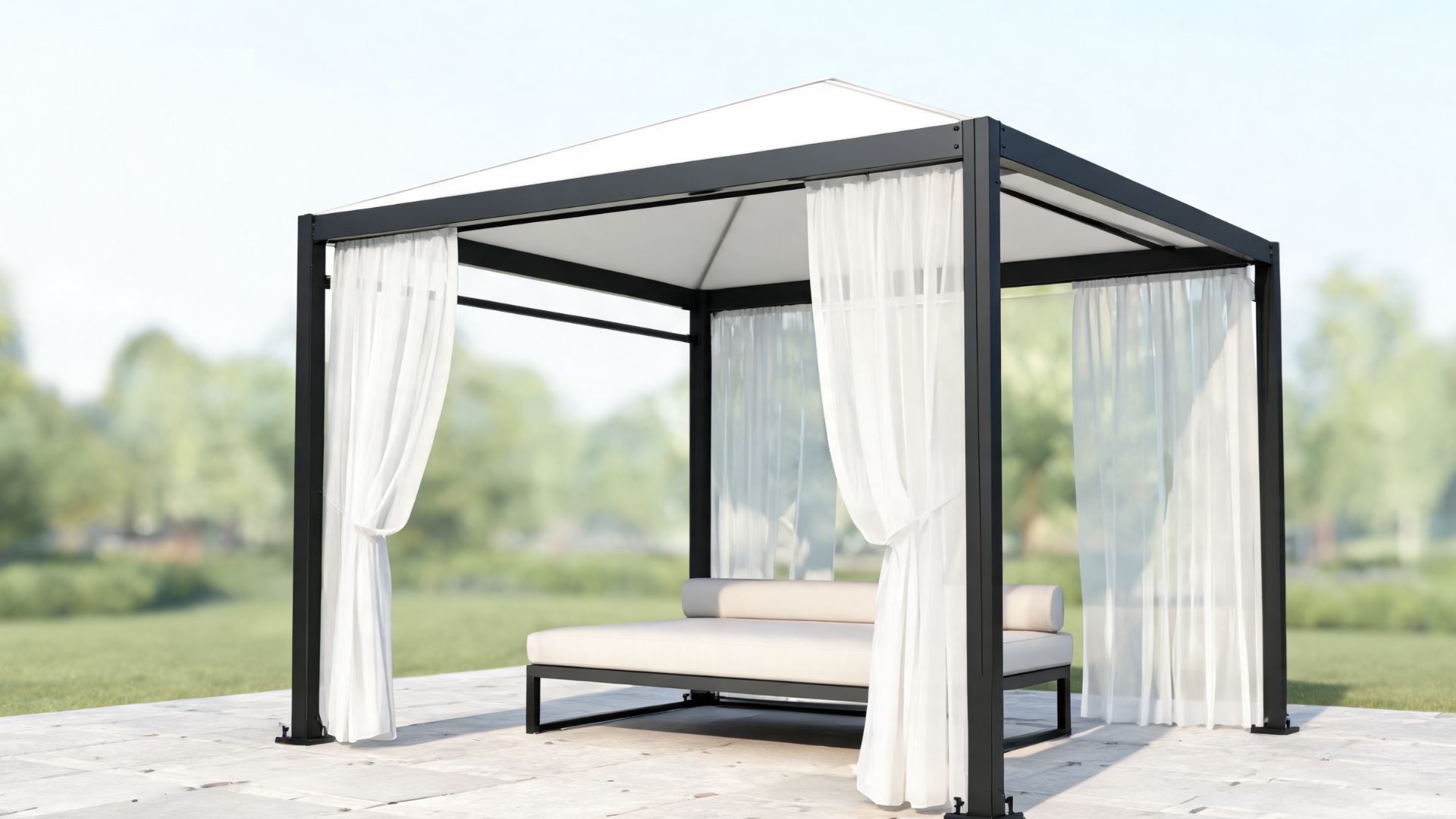 Black steel frame cabana with flat roof, white side curtains, and a low daybed on a level base