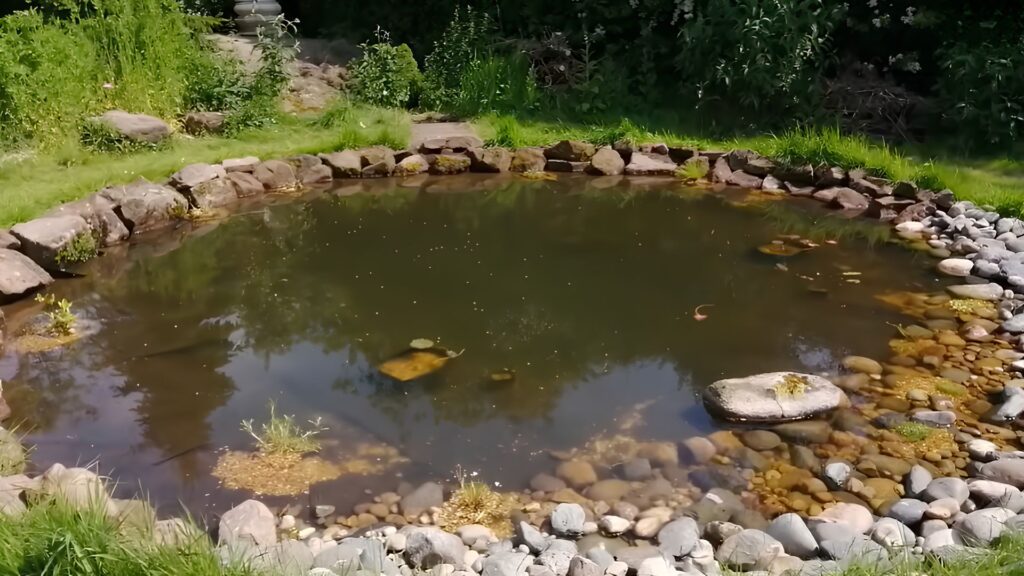 Garden pond with a rock-lined bank, pebble shallows, a large flat stone in the water, and small plants growing at the edge
