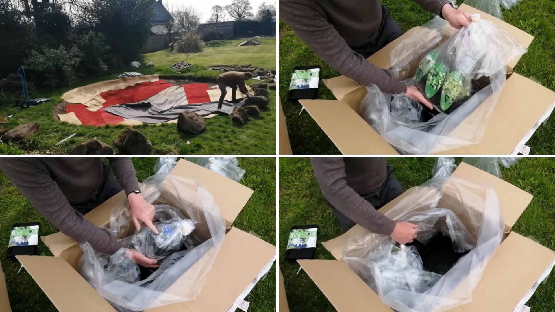 Four photos of carpet and underlay pieces laid in a round pond hole, and a cardboard box of plants in clear plastic bags