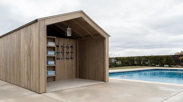 Small enclosed pool cabana with a wall of narrow shelves and hooks holding towels and goggles, with a lantern inside