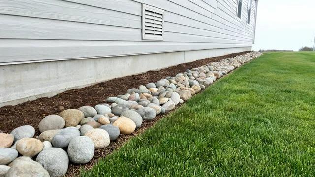 Strip of rounded river rock along a house foundation below the siding, with a mown lawn beyond