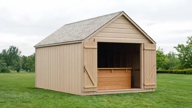 Small prefab shed converted to a cabana with an open front, shutters, and a small counter on a backyard lawn