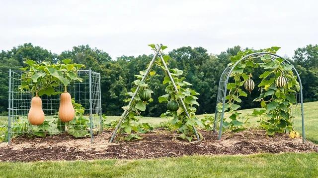 Cattle panel, A-frame and arch trellises in a garden bed holding butternut, medium green and delicata squash