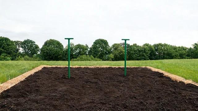 Two green steel T-posts standing about 5 feet apart in bare soil in a raised garden bed