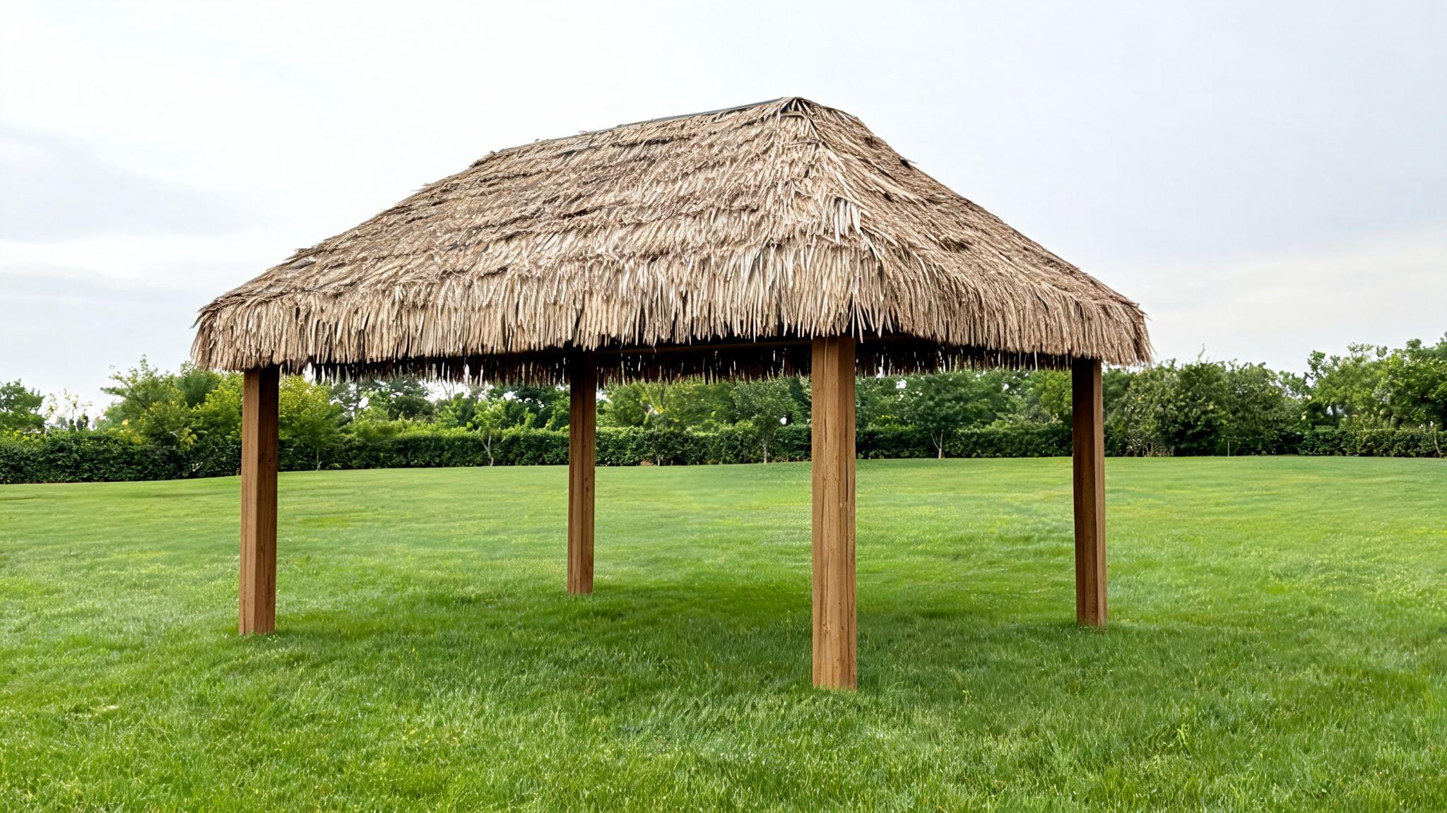 Four-post frame with a synthetic palm thatch roof standing on a backyard lawn