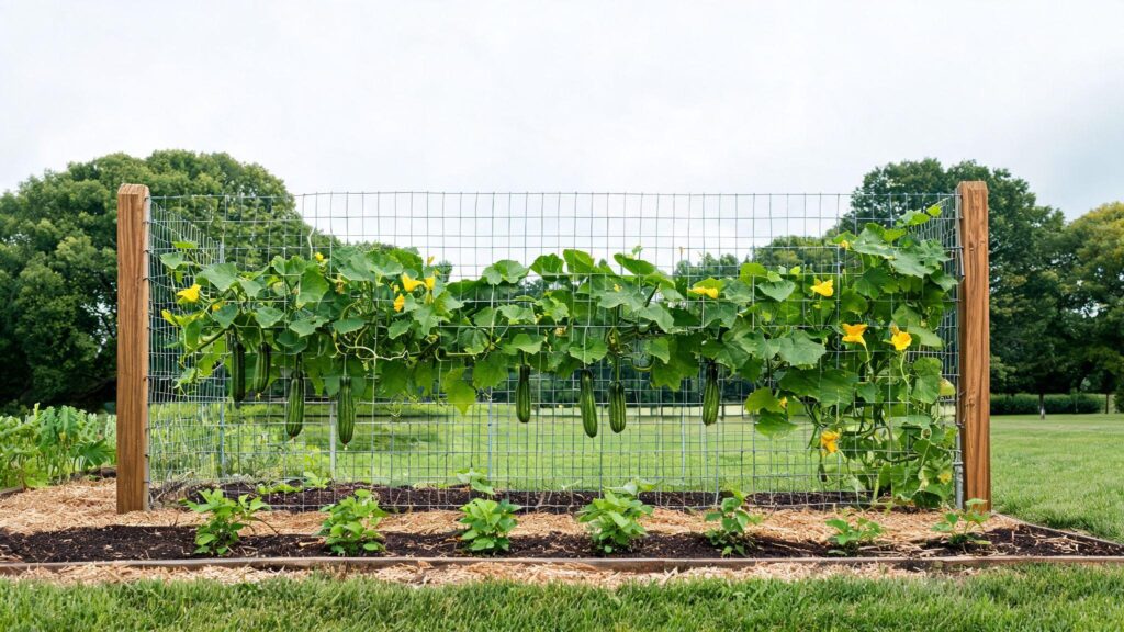 Squash vines climbing a wire panel trellis between two wooden posts with green squash hanging above a garden bed
